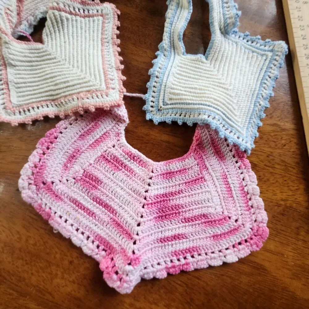 Vintage Handmade Crocheted Baby Bibs Lot of 6 Pastel Pink Blue Yellow White